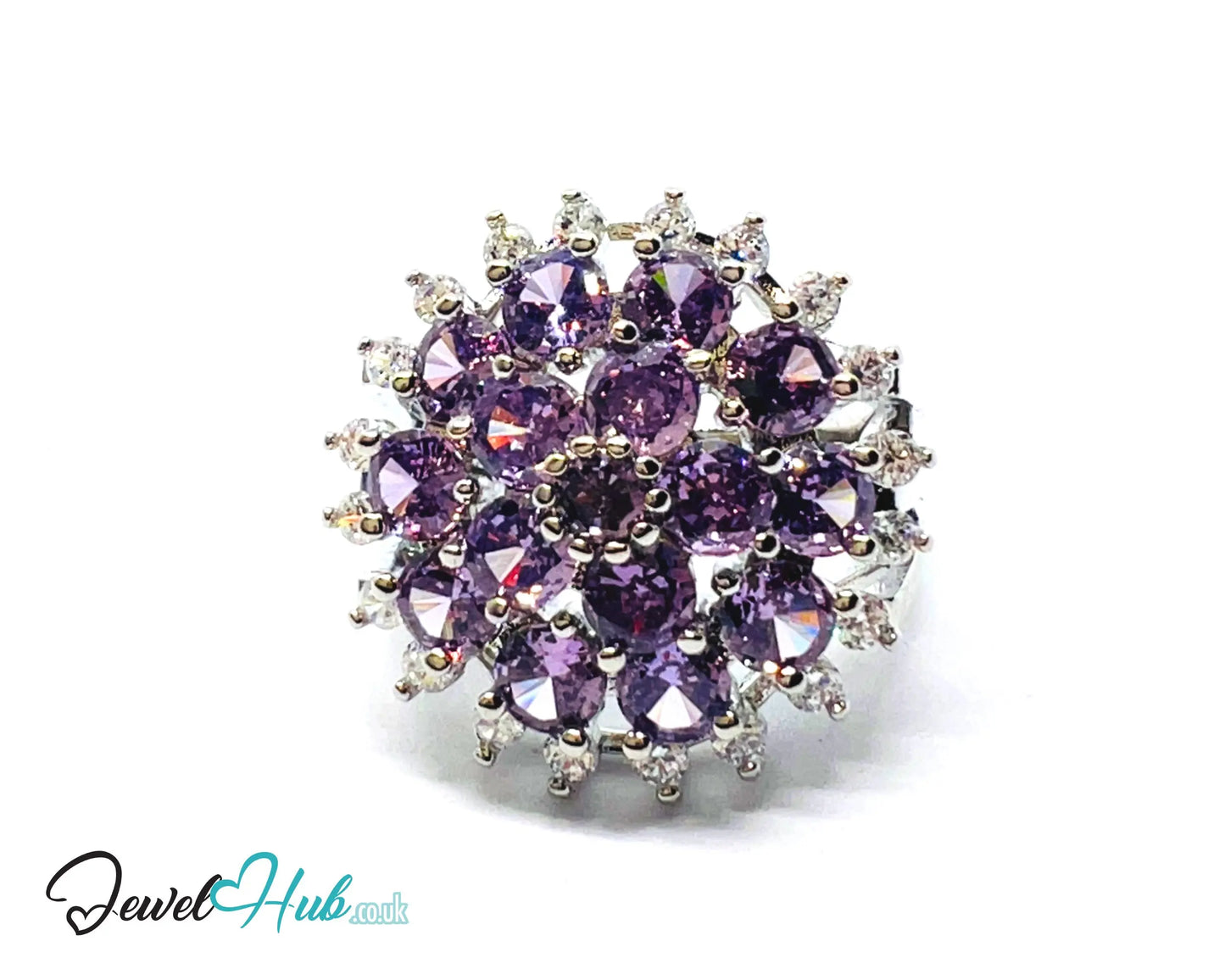 🔱 Mystic Orchid Ring – Premium Copper · White K Plated · UK P · US 8 · Amethyst-Like Center · Purple Gemstone Cluster · Zirconia Halo CT