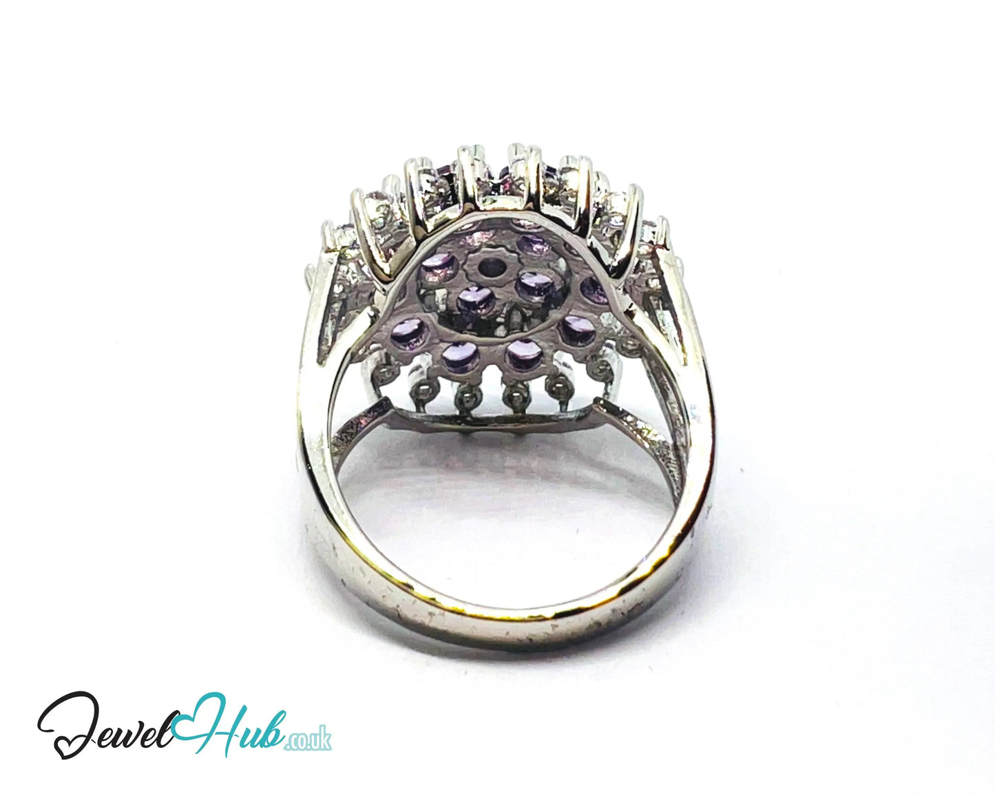 🔱 Mystic Orchid Ring – Premium Copper · White K Plated · UK P · US 8 · Amethyst-Like Center · Purple Gemstone Cluster · Zirconia Halo CT