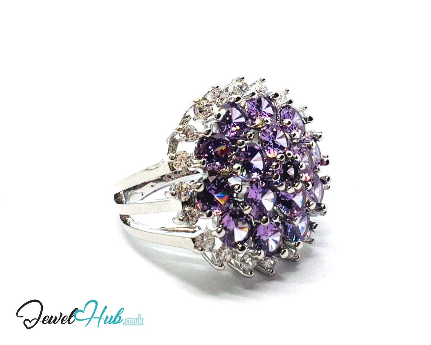🔱 Mystic Orchid Ring – Premium Copper · White K Plated · UK P · US 8 · Amethyst-Like Center · Purple Gemstone Cluster · Zirconia Halo CT