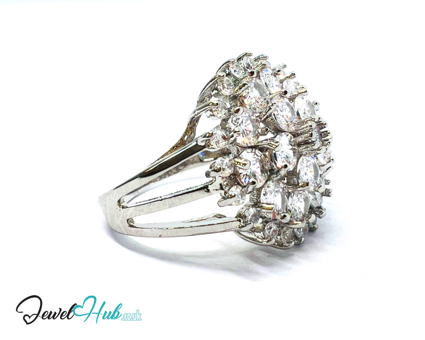 🔱 Royal Bloom Ring – Premium Copper · White K Plated · UK V · US 11 · Gemstone Cluster & Zirconia Halo