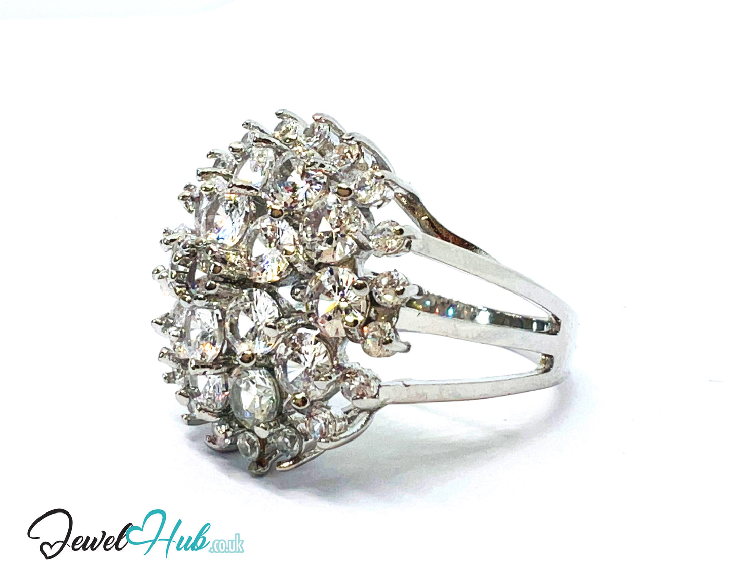 🔱 Royal Bloom Ring – Premium Copper · White K Plated · UK V · US 11 · Gemstone Cluster & Zirconia Halo
