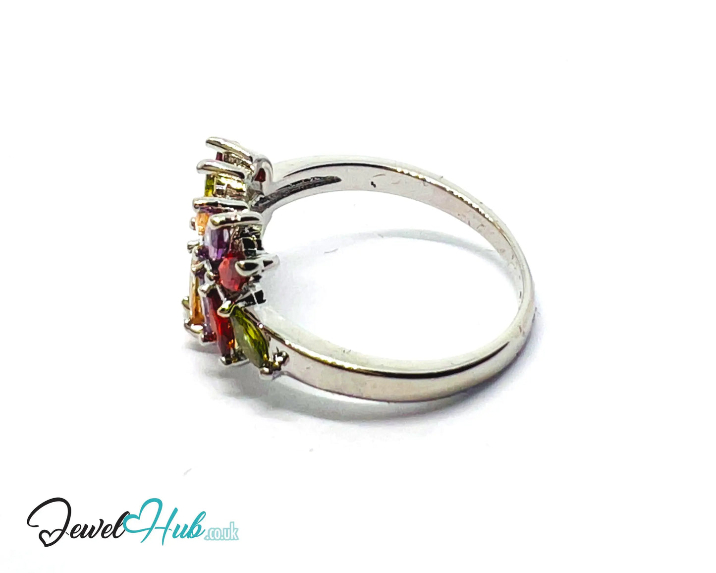🔱 Frost Petal Arc Ring – Premium Copper · White K Plated · UK O · US 7.5 · Marquise-Cut Gem Cluster CT