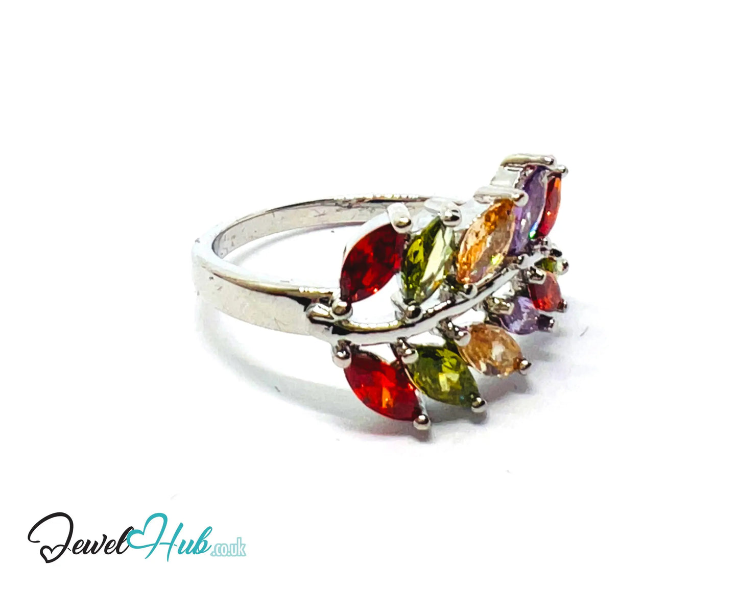🔱 Frost Petal Arc Ring – Premium Copper · White K Plated · UK O · US 7.5 · Marquise-Cut Gem Cluster CT