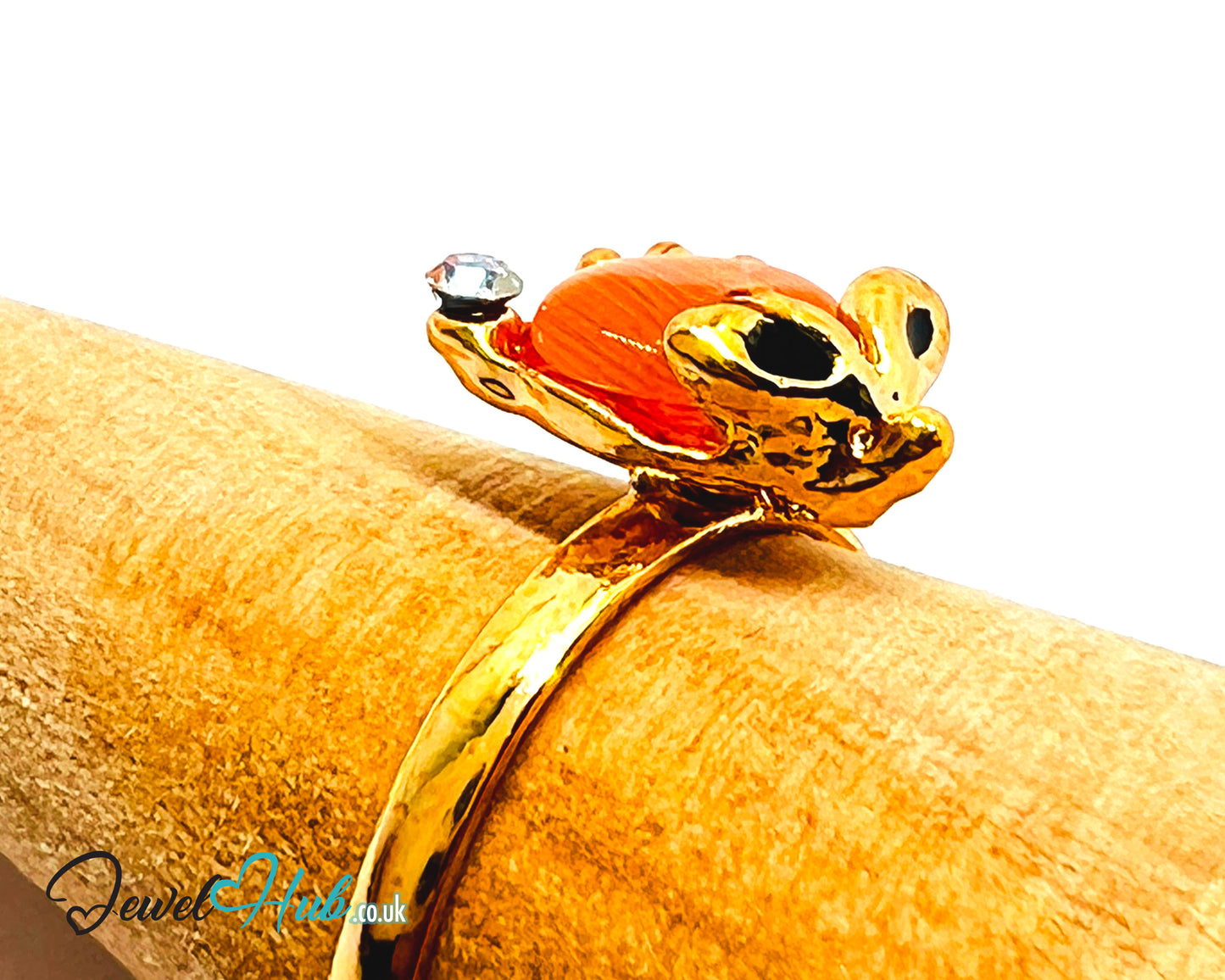 🐭✨ Flying Mouse Ring – Zinc Alloy · Adjustable (J/K/L) · Orange Resin & Zirconia · Symbolic