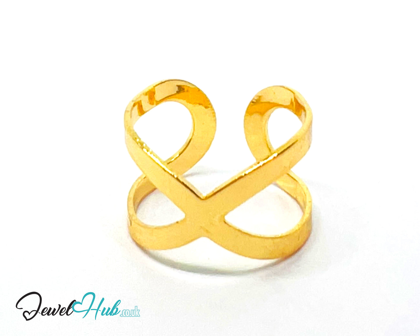 ♾️ Gold Infinity Loop Ring – Zinc Alloy · Adjustable (L/M/N) · Sculptural Crossover Design