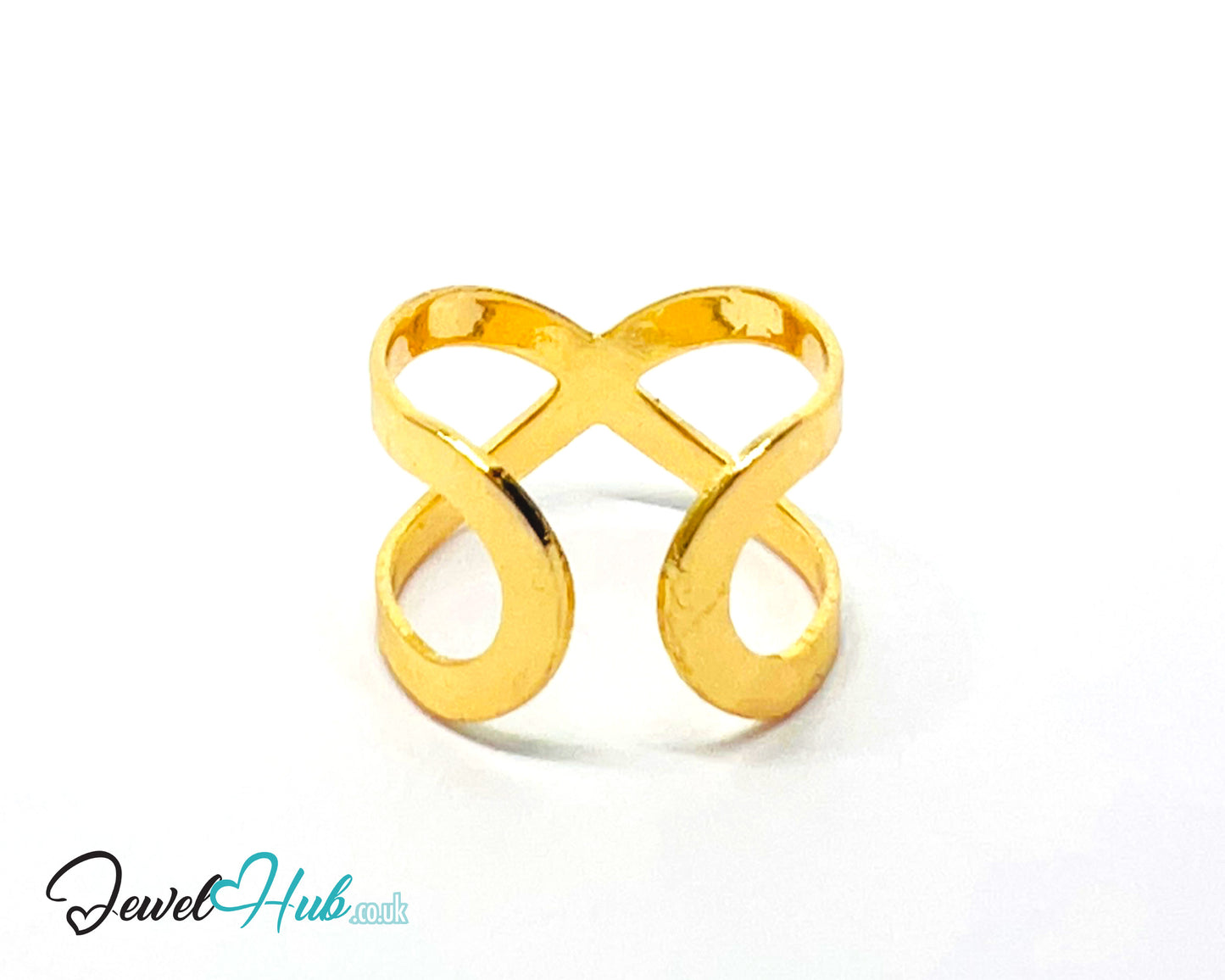♾️ Gold Infinity Loop Ring – Zinc Alloy · Adjustable (L/M/N) · Sculptural Crossover Design