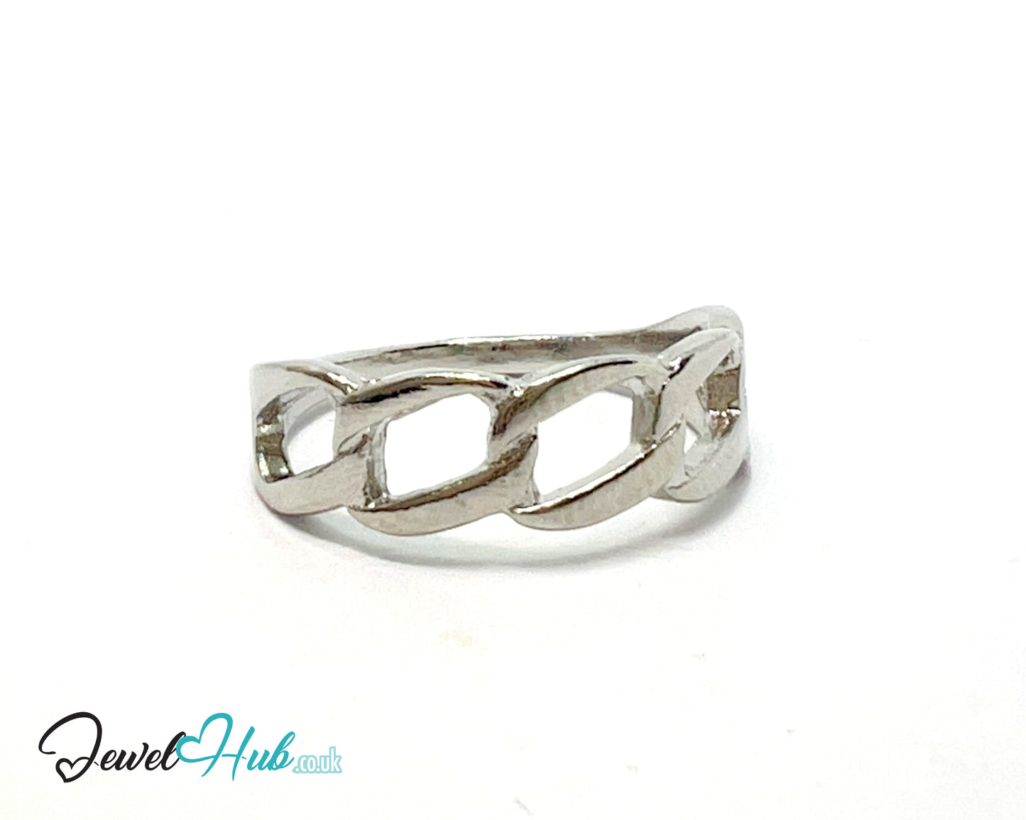 🔗 Chain-Link Band Ring – Zinc Alloy · UK P · US 8 · Interlocking Motif · Silver-Tone Finish