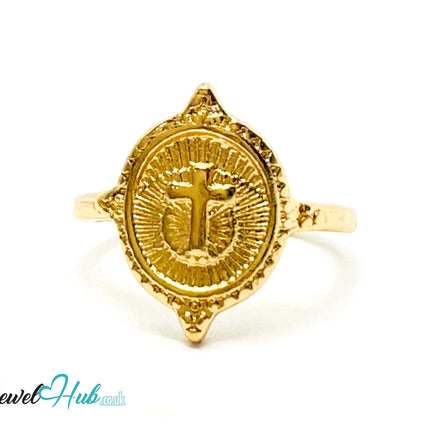 ✝️ Gold Cross Medallion Ring – Zinc Alloy · UK M · US 6.5 · Engraved Ray Motif · Polished Gold Finish CA