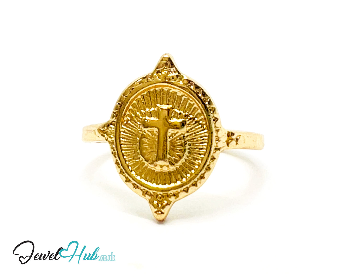 ✝️ Gold Cross Medallion Ring – Zinc Alloy · UK M · US 6.5 · Engraved Ray Motif · Polished Gold Finish