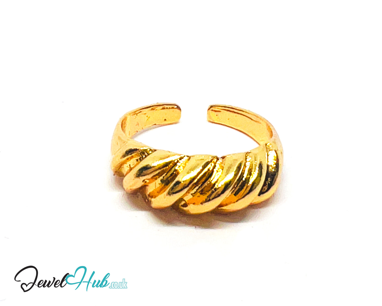 💛 Twisted Front Gold-Plated Zinc Ring · UK O · US 7.5 · Open Band · Sculptural Twist