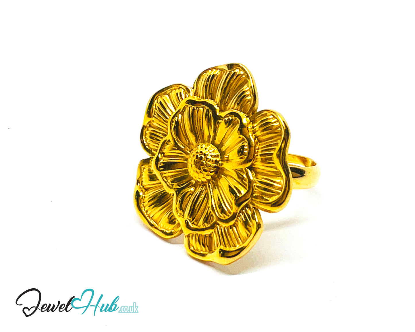 🌸 Bloomform Gold Plated Flower Ring · Zinc Alloy · UK P · US 8 · Bold Botanical Statement