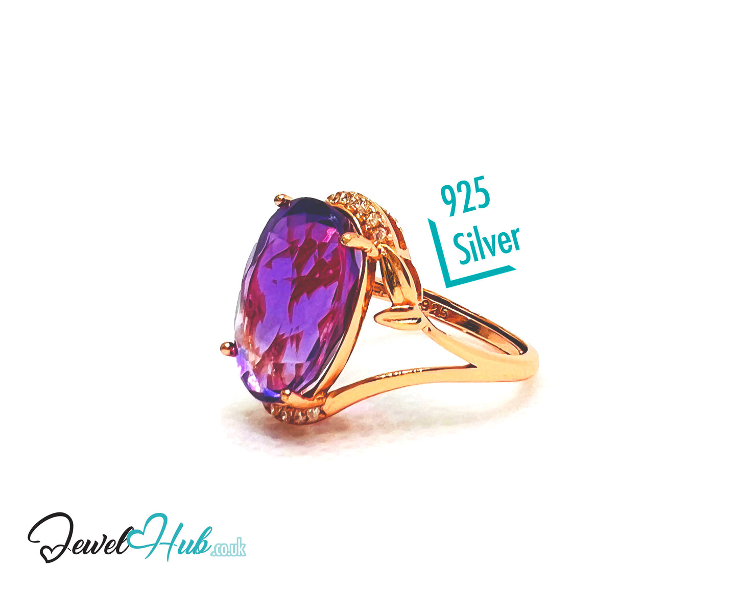925 Silver Rose Gold Oval Amethyst (7.6-carat) Halo Ring | Adjustable (J-L) | CZ Accents