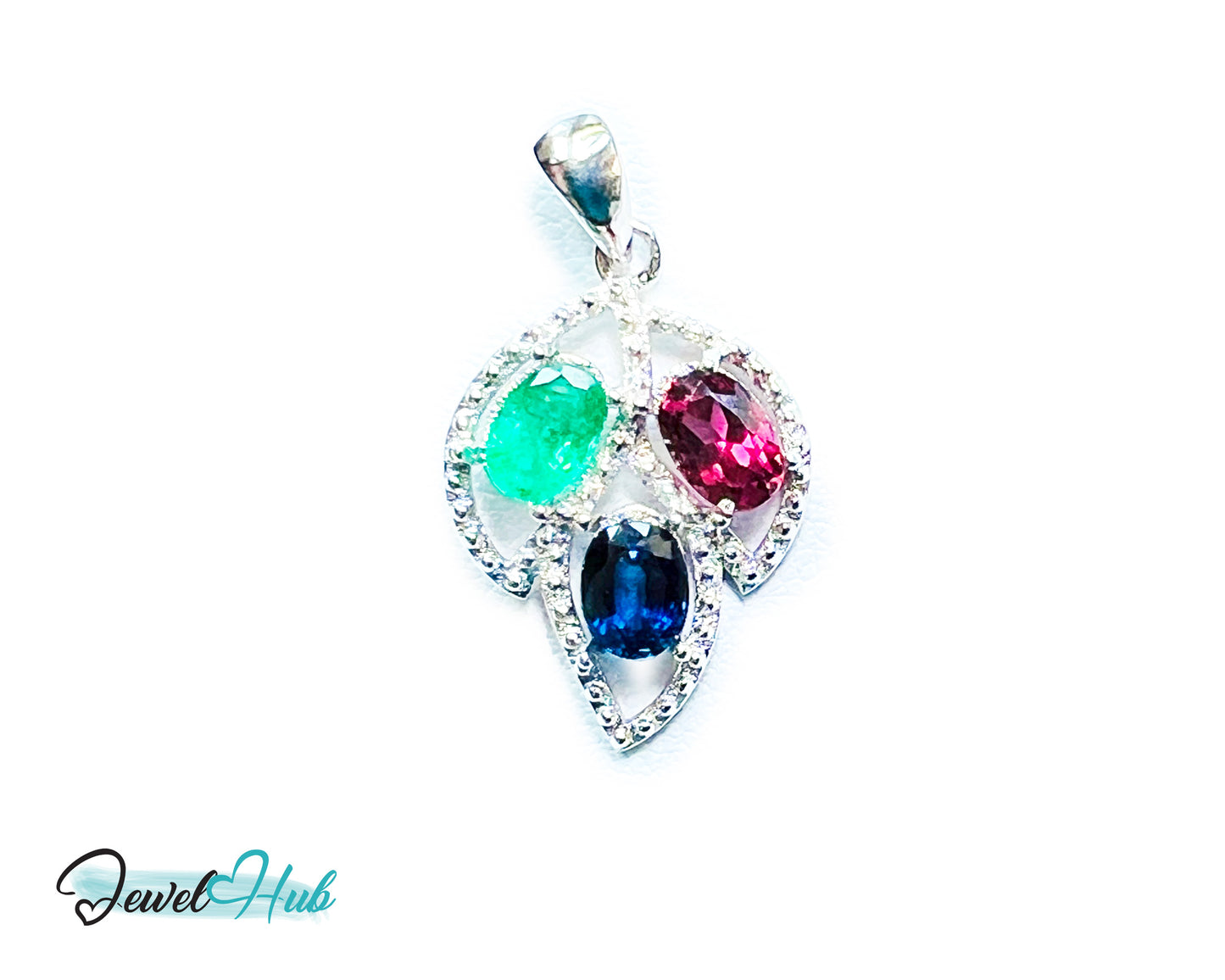 Noble Leaf – 925 Sterling Silver Multi-colour Pendant with Ruby, Sapphire & Emerald