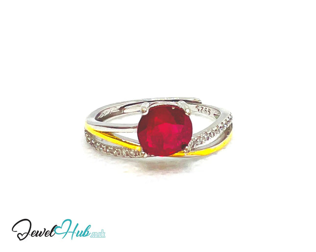 Ruby Silver Ring with Gold-Toned Accents | Adjustable 925 Sterling Statement Ring - JewelHub.co.uk