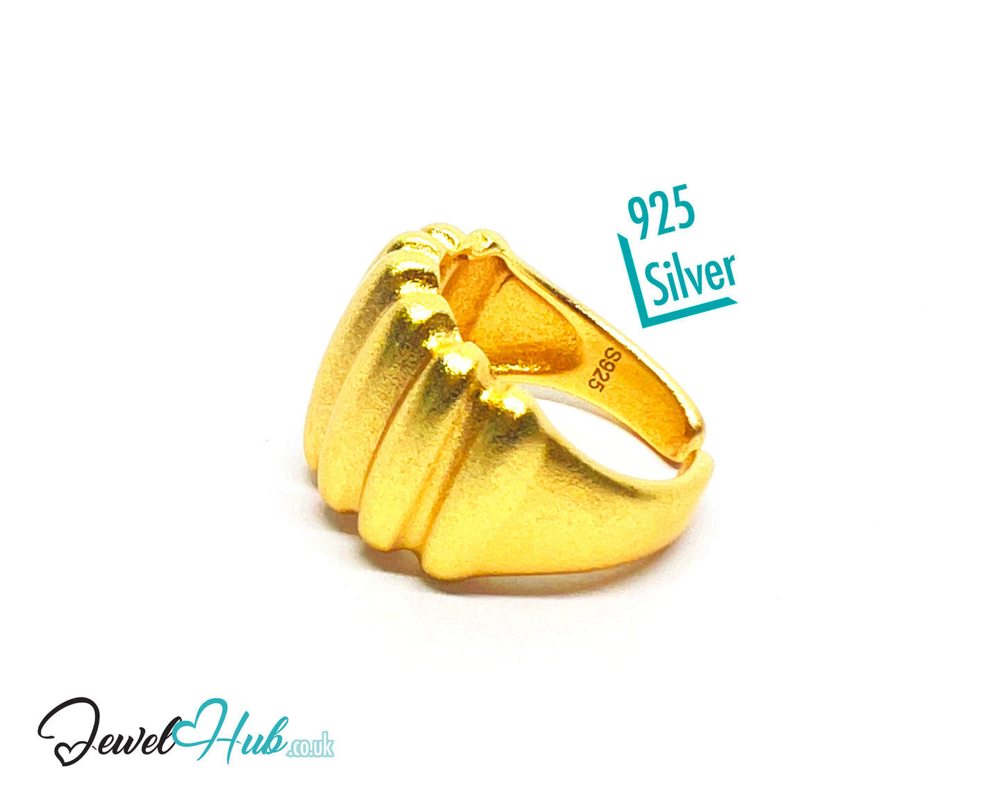 925 Silver Ring · Gold-Plated Ribbed Texture · UK M-N-O · US 6.5–8 · 6.48g · Hallmarked