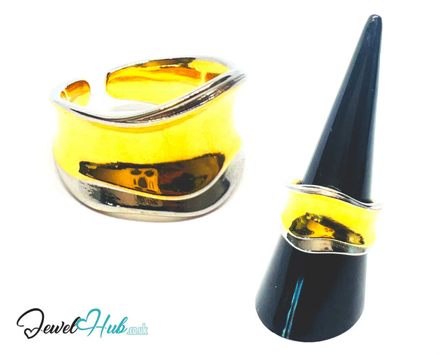 Adjustable Gold-Toned Silver Ring | Hallmarked 925 Sterling | Golden Silvery Wavy Band for N–P Sizes - JewelHub.co.uk