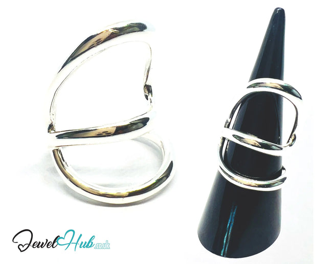Modern Silver Ring | Hallmarked 925 Sculptural Open-Loop Band | Asymmetrical Design in Sizes N–P - JewelHub.co.uk
