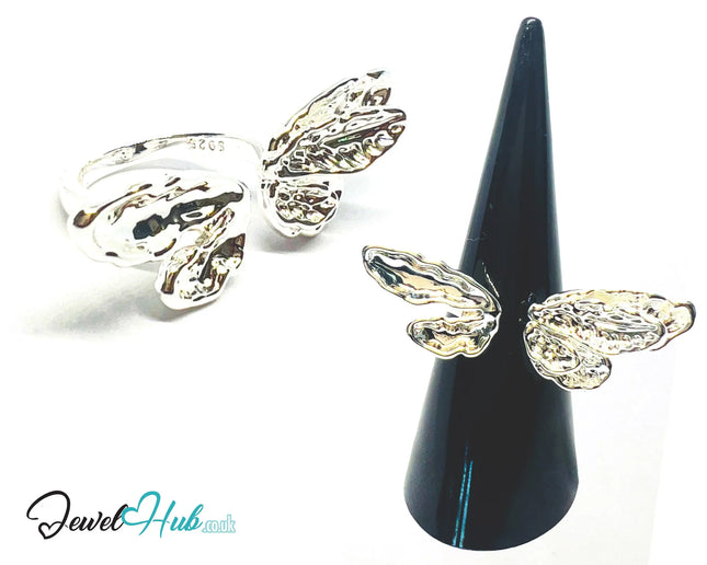 Winged Silver Ring | Hallmarked 925 Nature-Inspired Statement Band | Sculptural Leaf Design in Sizes M–O - JewelHub.co.uk