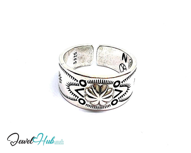 Engraved Silver Ring | Hallmarked 925 Adjustable Symbol Band | Sunburst & Geometric Design in Sizes Q–S - JewelHub.co.uk