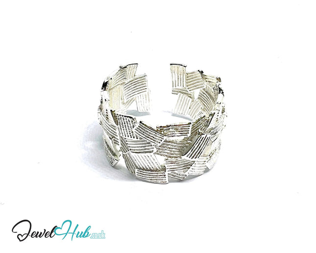 Textured Sterling Silver Ring | Bold Adjustable Silvery Band with Geometric Pattern - JewelHub.co.uk