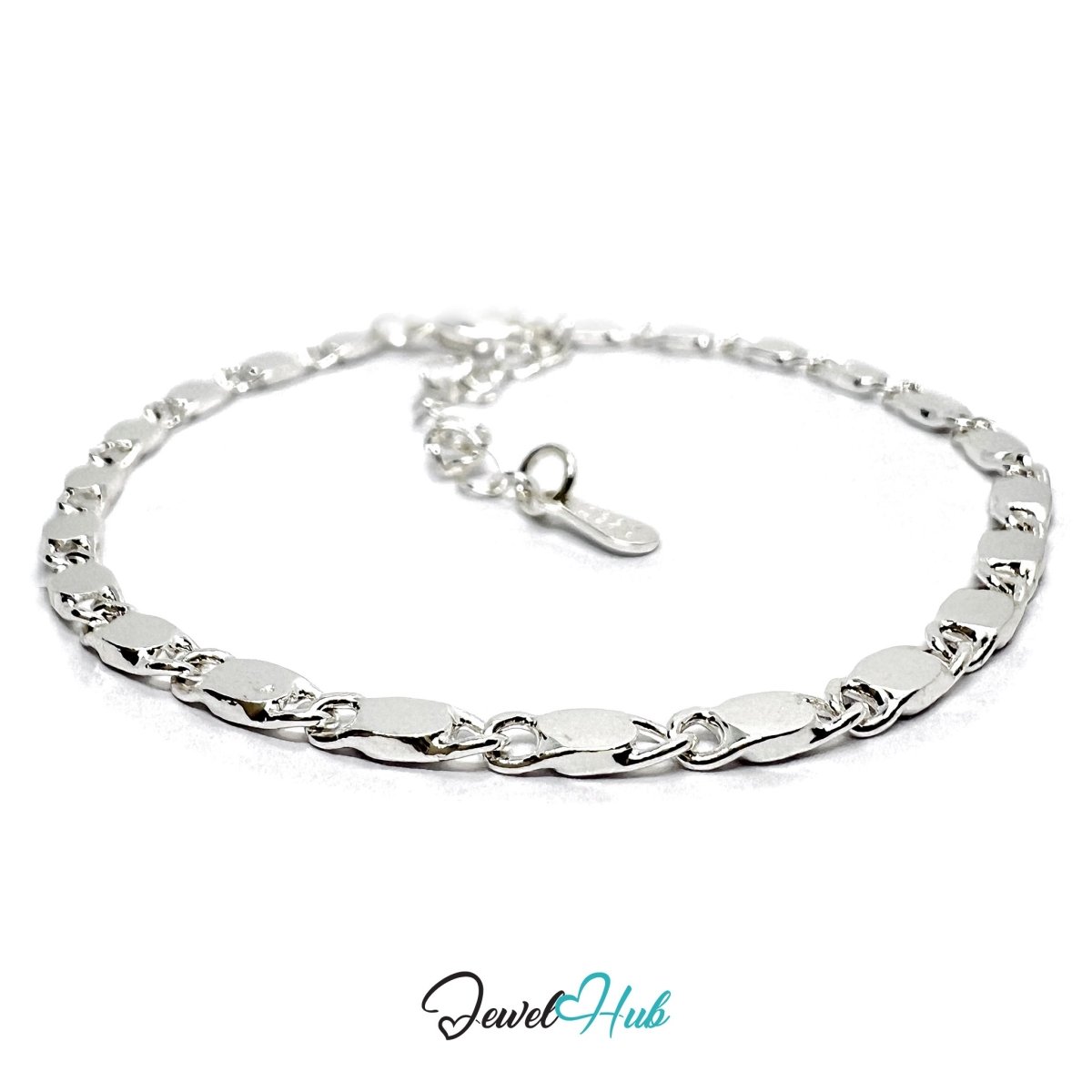 Silver Elongated-Link 925 Sterling Flat Chain Bracelet 