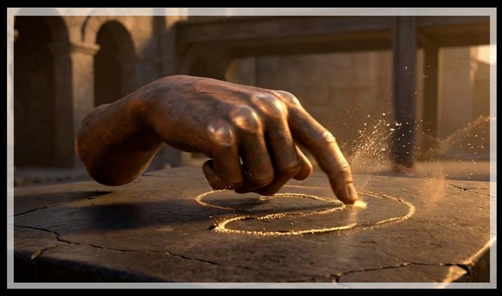 Hand tracing a golden spiral in dust on stone