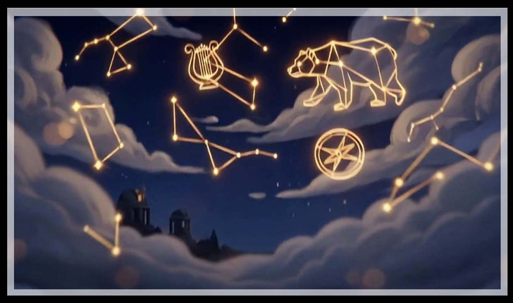 Glowing constellations drawn across a night sky, and a bearded traveller with a staff gazing up at the stars