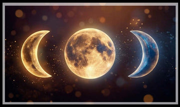 Waxing crescent, full moon and waning crescent glowing in a starry sky