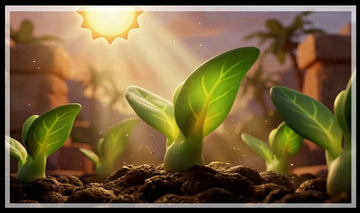 Green seedlings growing under a bright sun