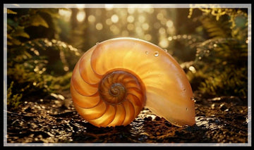 Nautilus shell resting on a damp forest floor