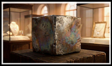 Raw steel block on a pedestal in a jewellery gallery