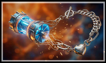 Futuristic turbine linked to a silver chain bracelet with a heart charm