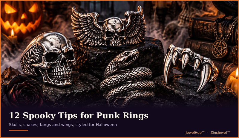 Gothic punk zinc alloy rings with a skull, snake, winged skull and fang ring among candles, a pumpkin and a raven