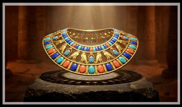 Egyptian broad collar with turquoise, lapis and carnelian beads beside a gold scarab glowing with hieroglyphs