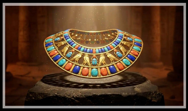 Egyptian broad collar with turquoise, lapis and carnelian beads beside a gold scarab glowing with hieroglyphs