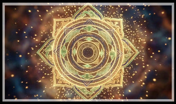 Golden mandala with jade-green cloud motifs among stars