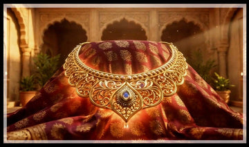Ornate gold Indian necklace on a red silk sari, and an elder passing a gold necklace into a young woman's hands