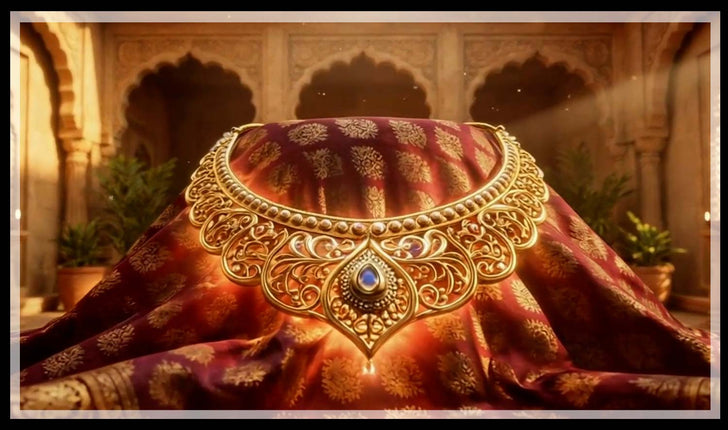 Ornate gold Indian necklace on a red silk sari, and an elder passing a gold necklace into a young woman's hands