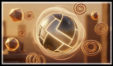 Glowing glass orb surrounded by gold spirals and geometric shapes