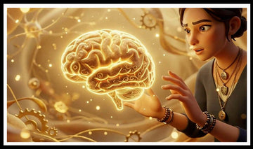 Animated woman in layered pendant necklaces reaching for a glowing brain