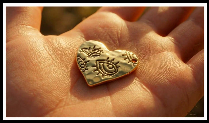 Gold heart charm engraved with eyes in an open palm
