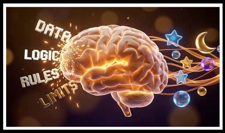 Glowing brain with words on one side and stars and a moon on the other