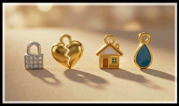 Padlock, broken heart, house and teardrop charms in a row