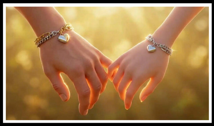 Two hands linking little fingers wearing matching heart charm bracelets, and warriors clasping hands in bracelets