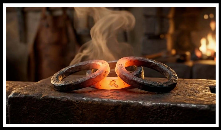 Two hand-forged iron links glowing on a blacksmith's anvil