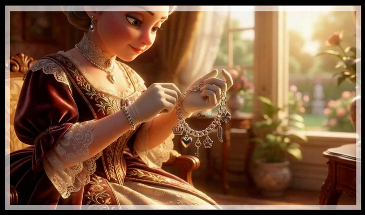 Victorian lady holding her charm bracelet by a window, and a two-tone chain bracelet with heart and lock charms