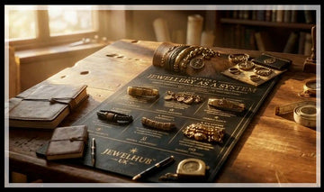 Jewellery system board with gold bracelets and rings