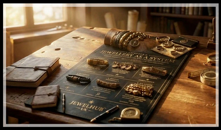 Jewellery system board with gold bracelets and rings