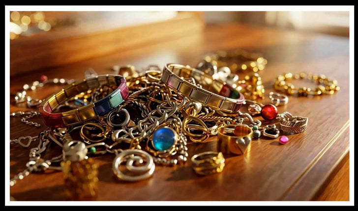 Tangled pile of mismatched rings, chains and Italian charm bracelets on a table