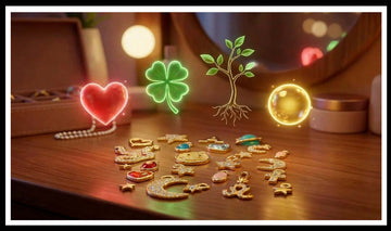 Glowing heart, clover, sapling and sun above gold charms on a dressing table, and heart, clover and key charms